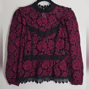 Victorian Gothic Vampiric Romantic Black And Red Lace Peplum Top Size Small